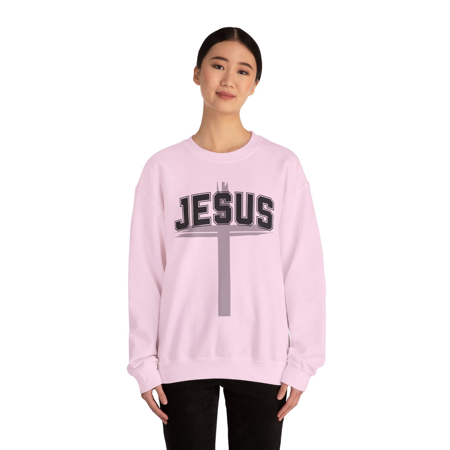 Christian Womens Mens Jesus Collegiate Lettered Jesus Cross Unisex Heavy Blend™ Crewneck Sweatshirt