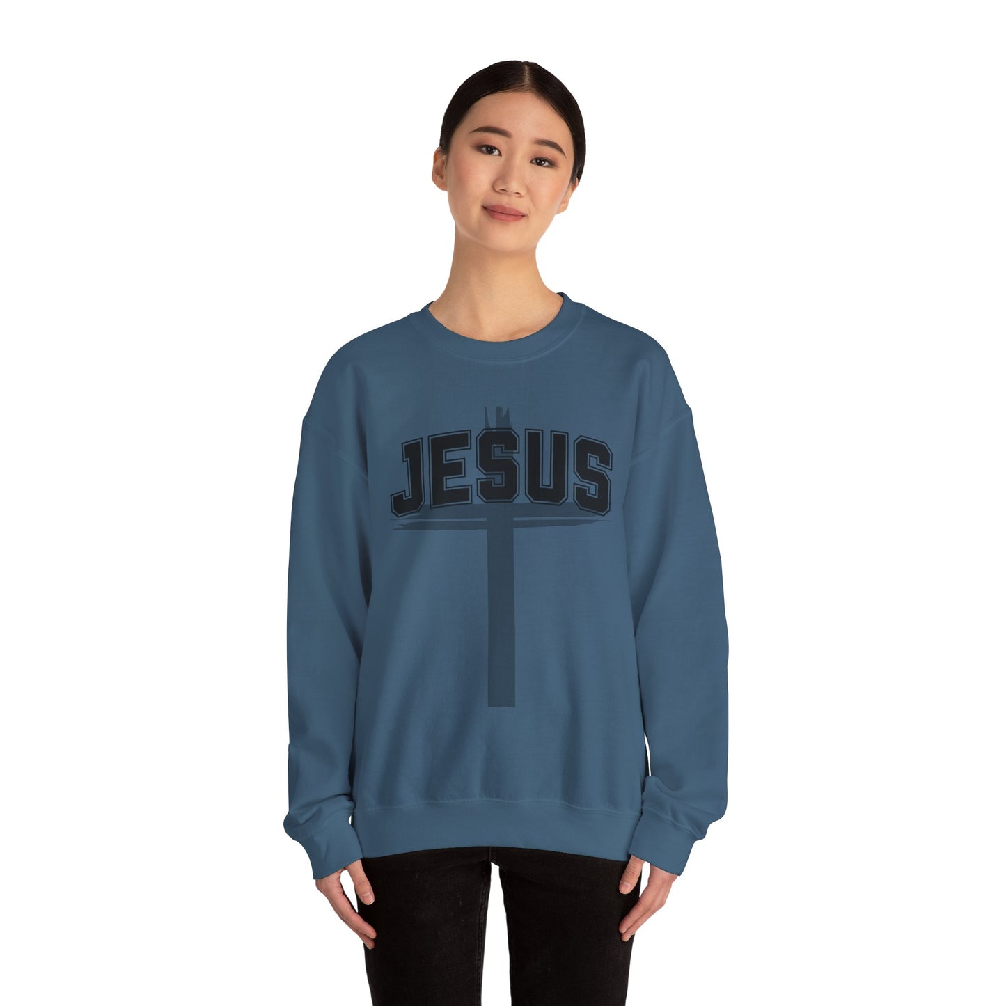 Christian Womens Mens Jesus Collegiate Lettered Jesus Cross Unisex Heavy Blend™ Crewneck Sweatshirt