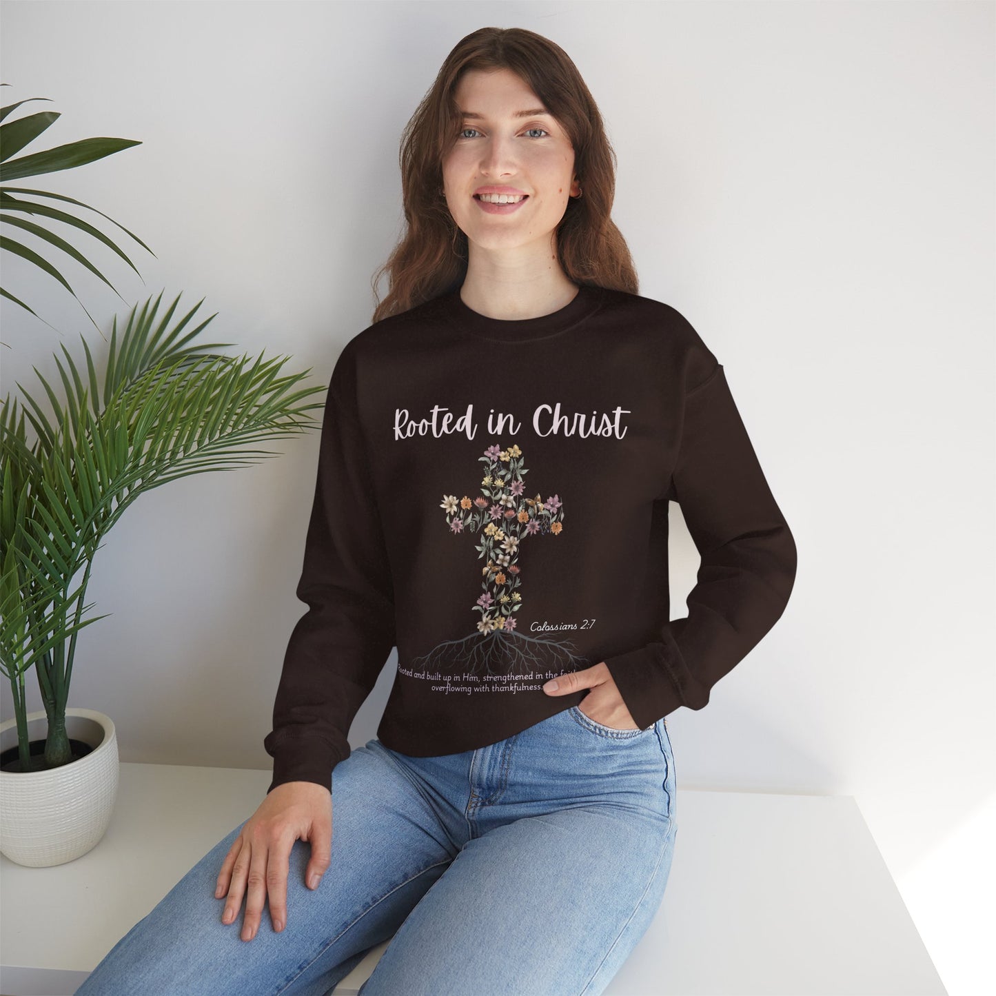 Christian Womens Floral Cross Rooted in Christ Heavy Blend™ Crewneck Sweatshirt