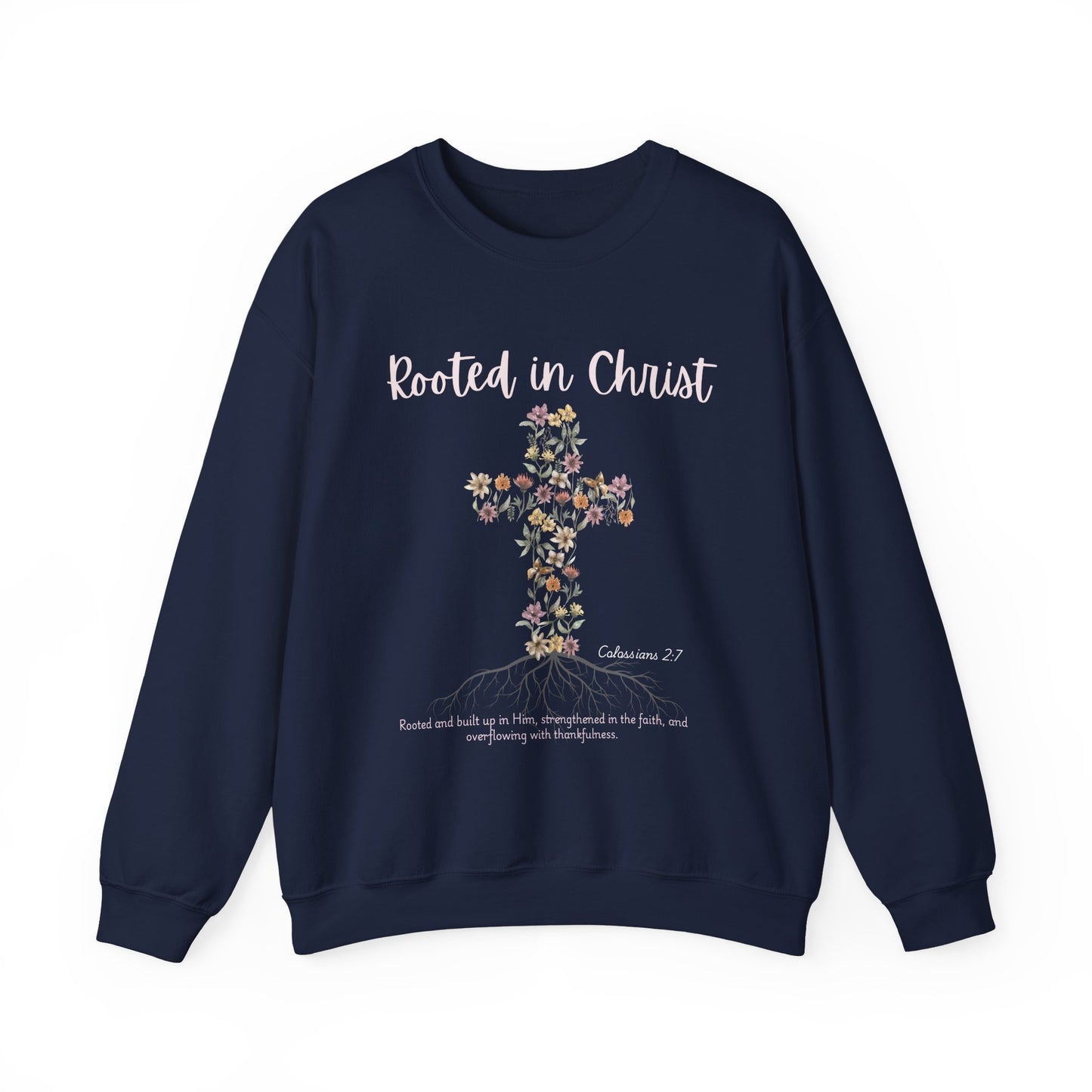 Christian Womens Floral Cross Rooted in Christ Heavy Blend™ Crewneck Sweatshirt