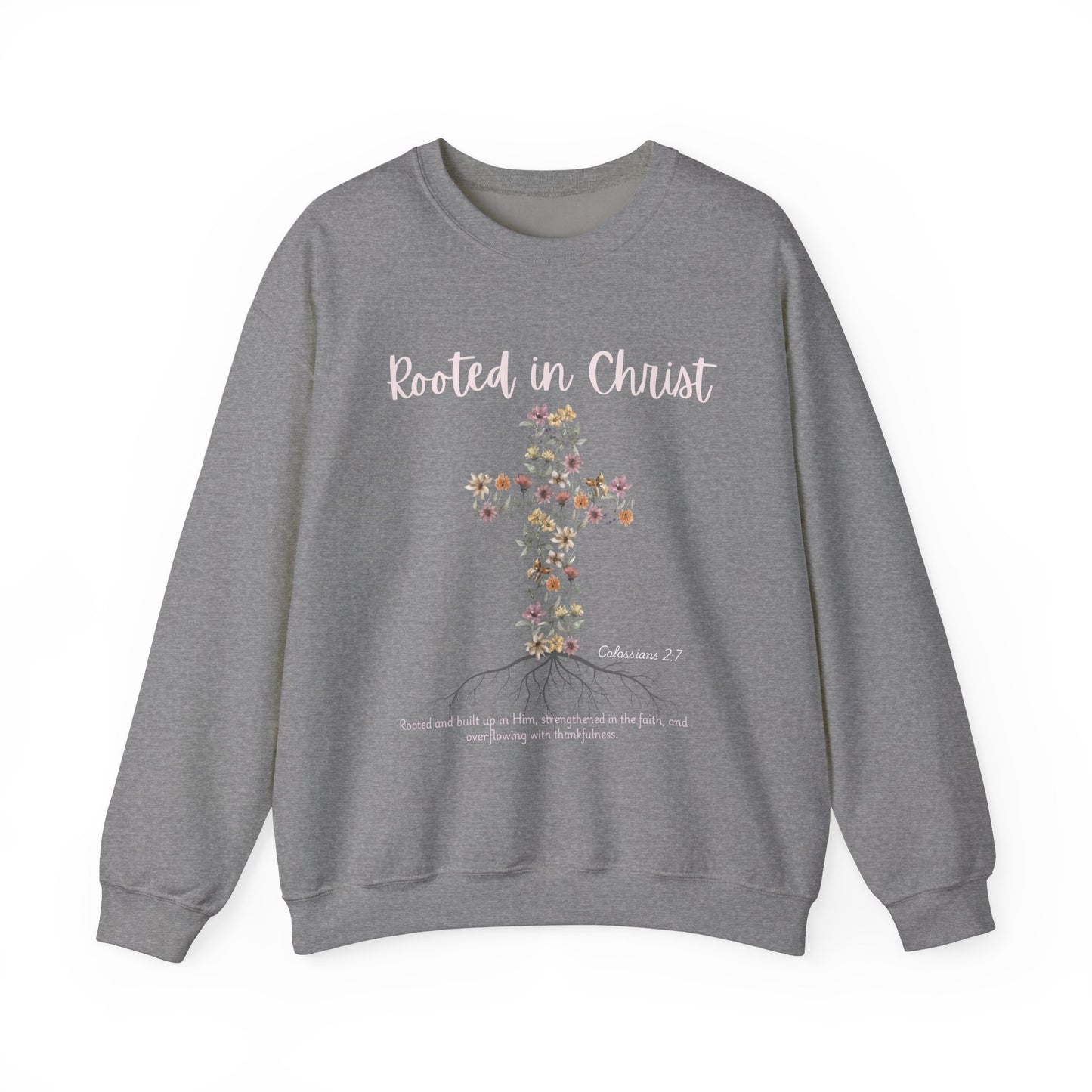 Christian Womens Floral Cross Rooted in Christ Heavy Blend™ Crewneck Sweatshirt