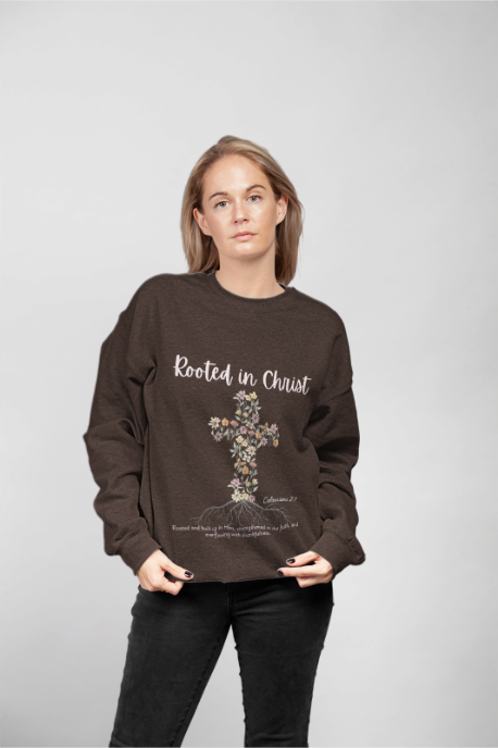 Christian Womens Floral Cross Rooted in Christ Heavy Blend™ Crewneck Sweatshirt