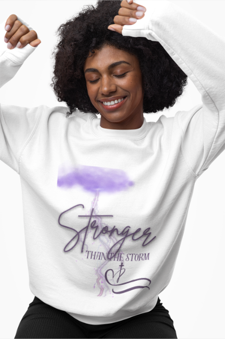 Christian Womens Stronger than the Storm violet Jesus Crewneck Sweatshirt