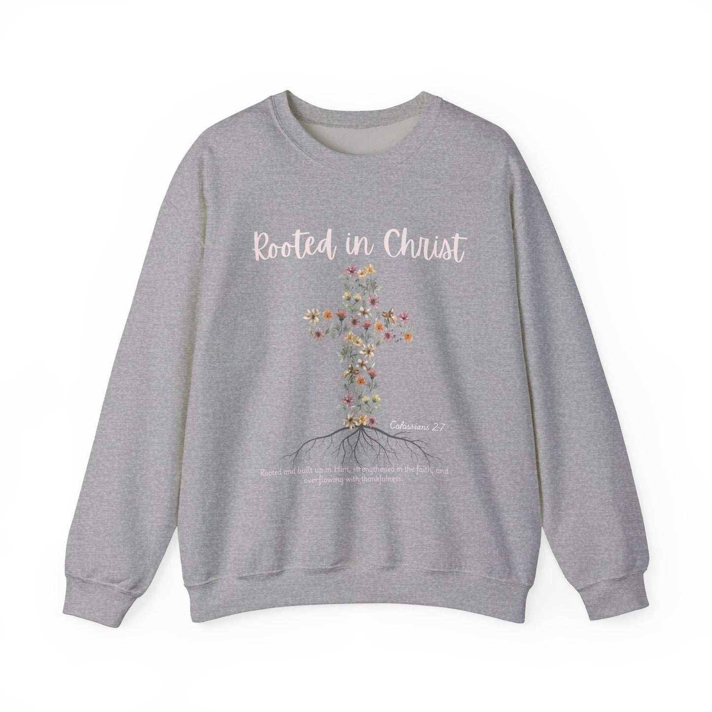 Christian Womens Floral Cross Rooted in Christ Heavy Blend™ Crewneck Sweatshirt