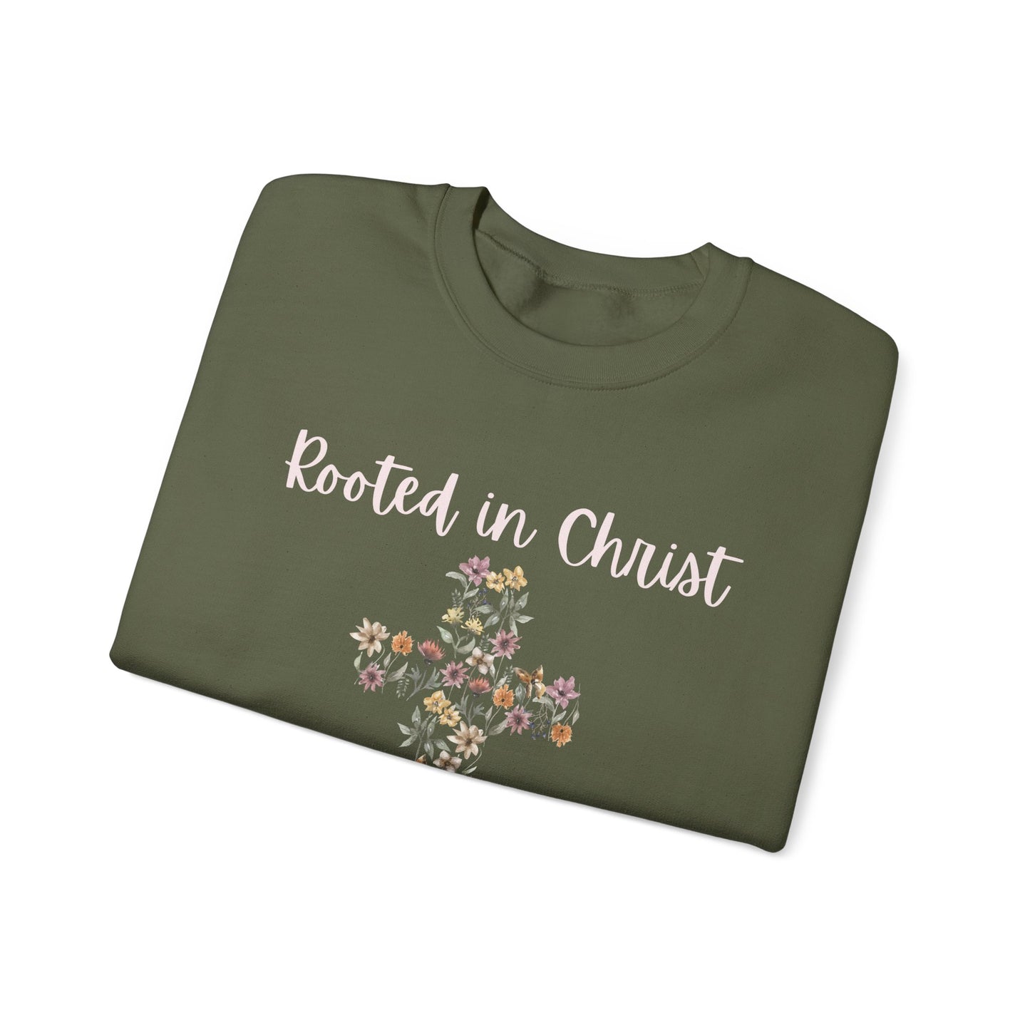 Christian Womens Floral Cross Rooted in Christ Heavy Blend™ Crewneck Sweatshirt