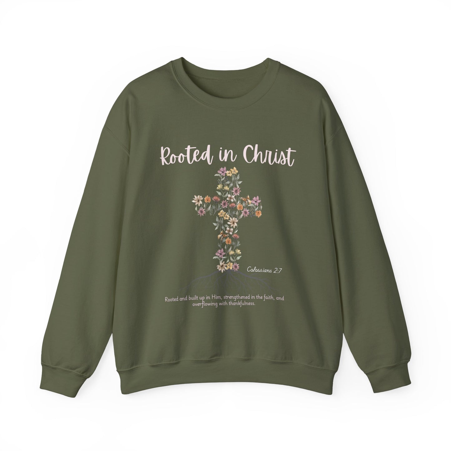 Christian Womens Floral Cross Rooted in Christ Heavy Blend™ Crewneck Sweatshirt